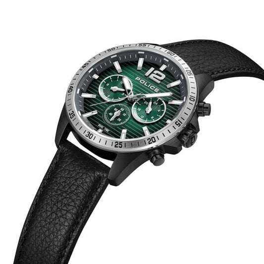 Police Quartz Multifunction Green Dial Black Leather Strap Watch for Men