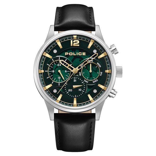 Police Quartz Multifunction Green Dial Black Leather Strap Watch For Men