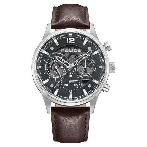 Police Quartz Multifunction Grey Dial Brown Leather Strap Watch For Men