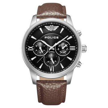 Police Quartz Multifunction Black Dial Brown Leather Strap Watch for Men