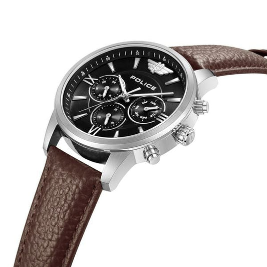 Police Quartz Multifunction Black Dial Brown Leather Strap Watch for Men