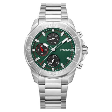 Police Quartz Multifunction Green Dial Silver Stainless Steel Strap Watch For Men