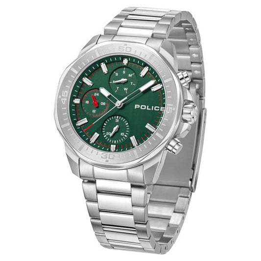 Police Quartz Multifunction Green Dial Silver Stainless Steel Strap Watch For Men