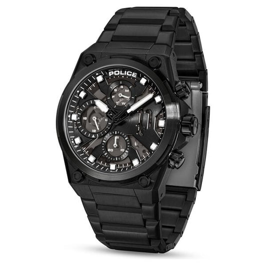 Police Multifunction Black Dial Black Stainless Steel Strap Watch For Men