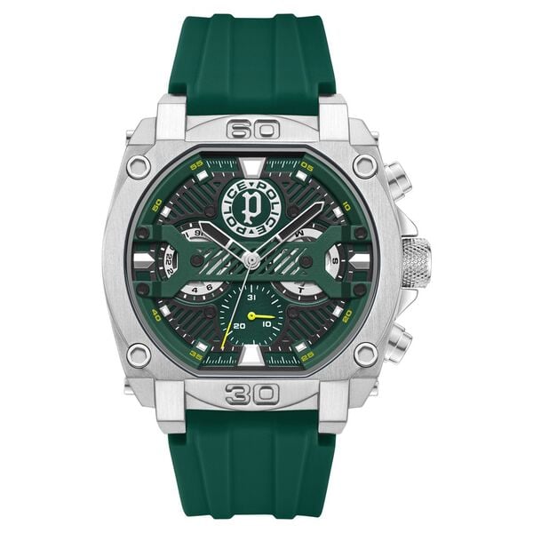 Police Multifunction Green Dial Green Color Silicone Strap Watch For Men