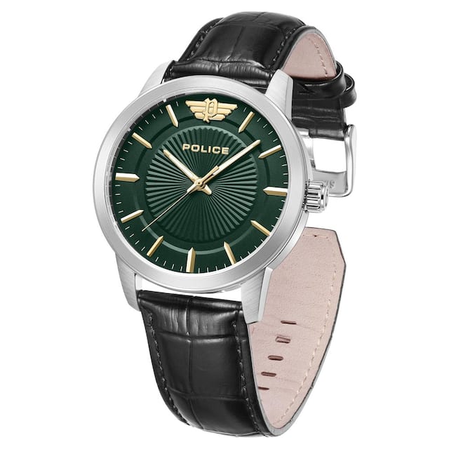 Police Green Dial Black Leather Strap Watch NEPLPEWJA2227411