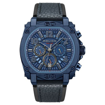 Police Quartz Analog with Dual Time and Date Blue Leather Strap for Men