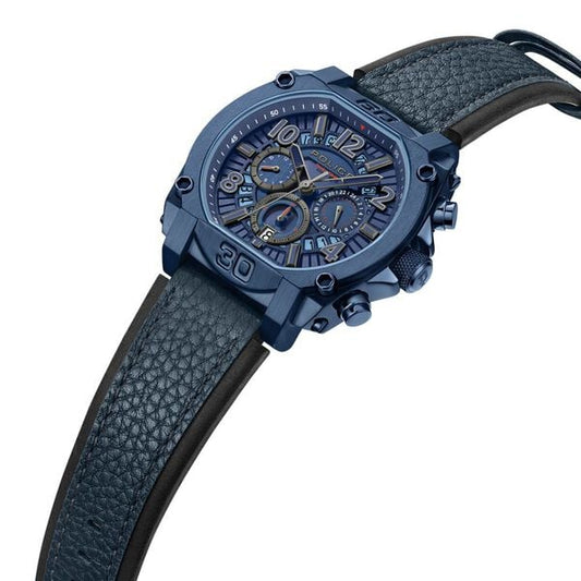 Police Quartz Analog with Dual Time and Date Blue Leather Strap for Men