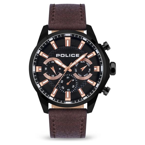 Police Black Dial Brown Strap Multifunction Watch for Men