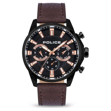 Police Black Dial Brown Strap Multifunction Watch for Men