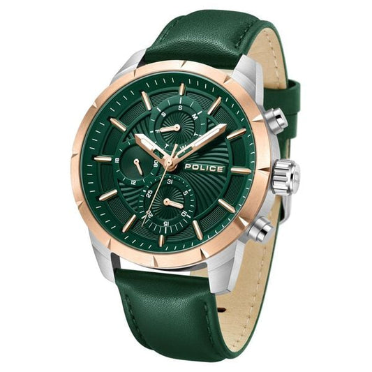 Police Quartz Multifunction Green Dial Leather Strap Watch for Men