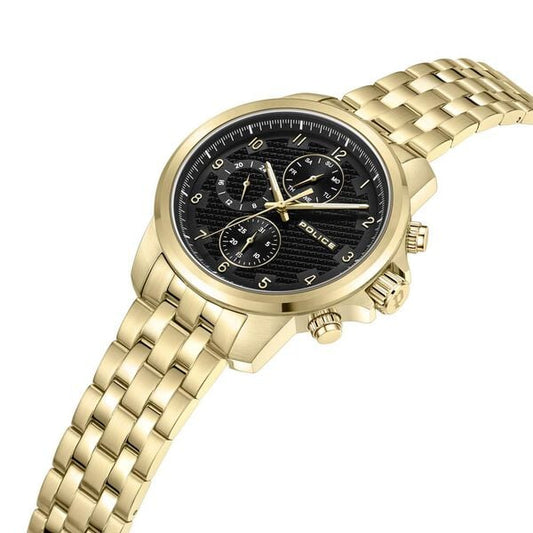 Police Multifunction Black Dial Golden Metal Strap Watch For Men