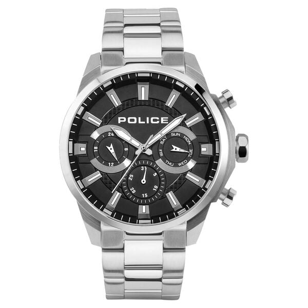 Police Black Dial Silver Strap Multifunction Watch for Men