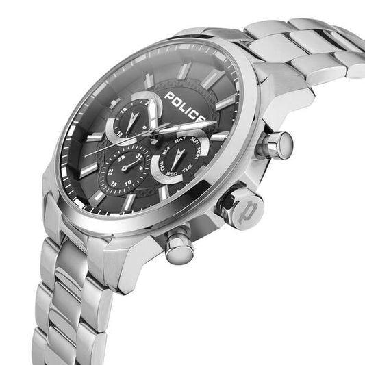 Police Black Dial Silver Strap Multifunction Watch for Men