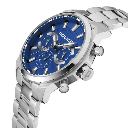 Police Blue Dial Silver Strap Multifunction Watch for Men
