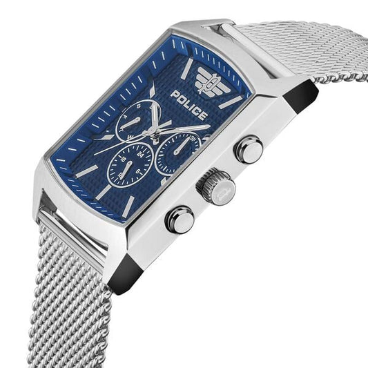 Police Blue Dial Silver Strap Multifunction Watch for Men