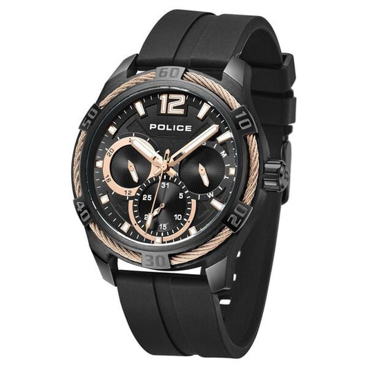 Police Multifunction Black Dial Black Silicone Strap Watch For Men