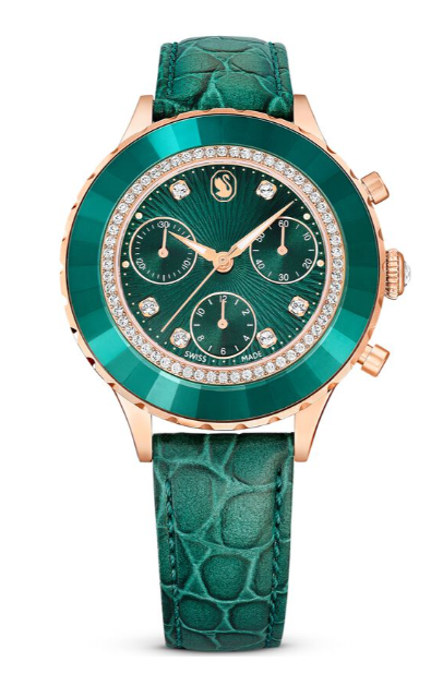Octea Chrono watch Swiss Made, Leather strap, Green, Rose gold-tone finish
