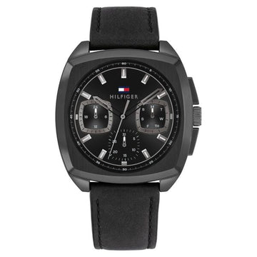 Tommy Hilfiger Multifunction Black Dial Black Leather Strap Watch for Men
