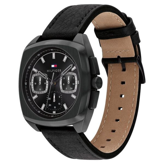 Tommy Hilfiger Multifunction Black Dial Black Leather Strap Watch for Men
