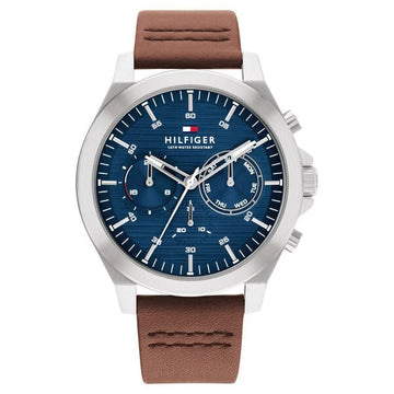Tommy Hilfiger Multifunction Blue Round Dial Brown Leather Strap Watch For Men