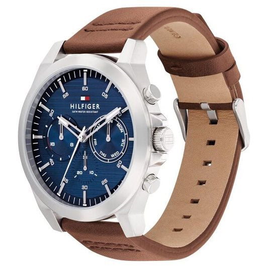 Tommy Hilfiger Multifunction Blue Round Dial Brown Leather Strap Watch For Men
