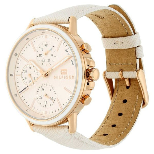 Tommy Hilfiger Quartz Analog with Day and Date Pink Dial Leather Strap Watch for Women