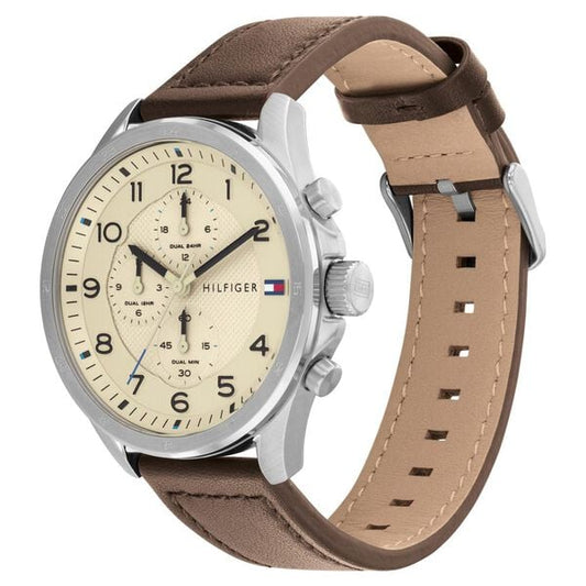 Tommy Hilfiger Quartz Multifunction Orange Dial Leather Strap Watch for Men