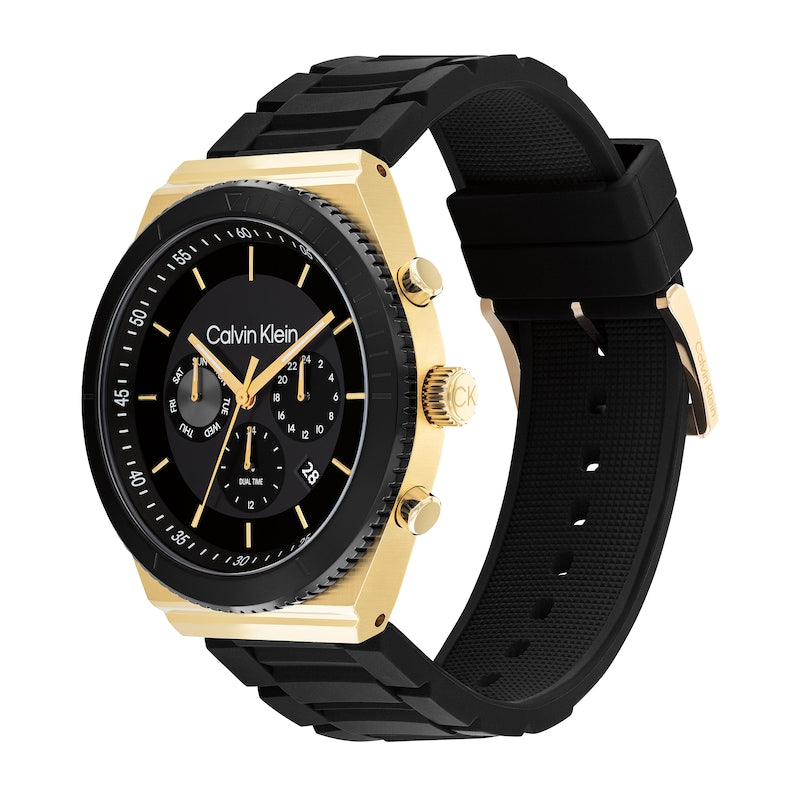 Men\'s Calvin Klein Two-Tone IP Chronograph Black Silicone Strap Watch