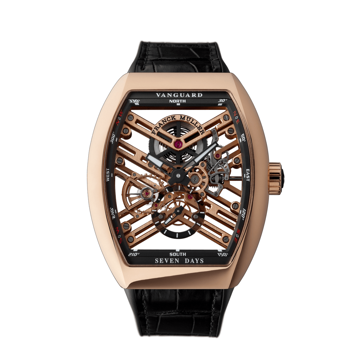Franck Muller Vanguard 7 Days Power Reserve Skeleton 44 x 53.7 mm Rose Gold V45 S6 SQT 5N NR 5N – front view