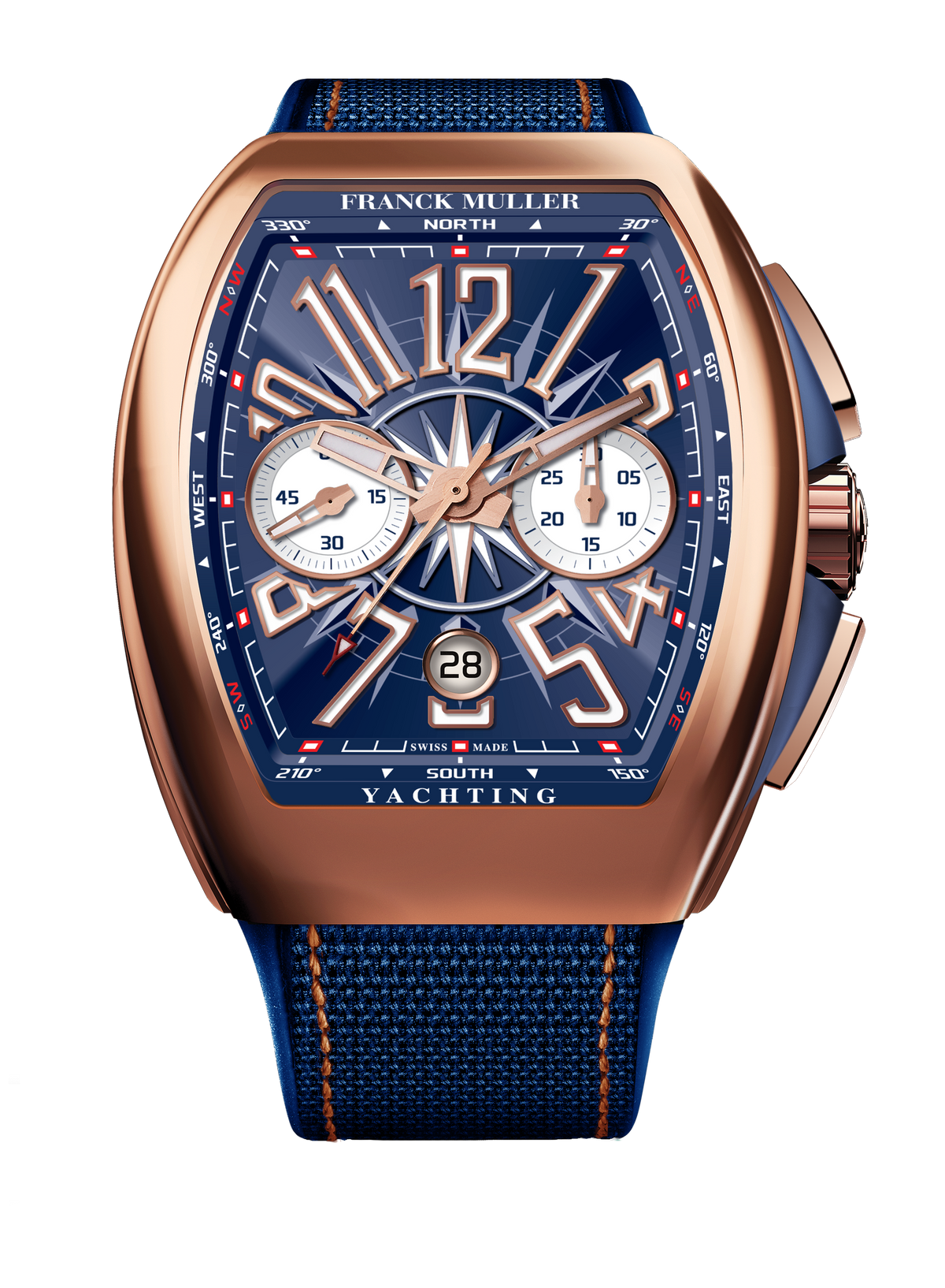 Franck Muller Vanguard Yachting Chronograph 44 x 53.7 mm Rose Gold V 45 CC DT YACHT 5N BL – front view on grey background