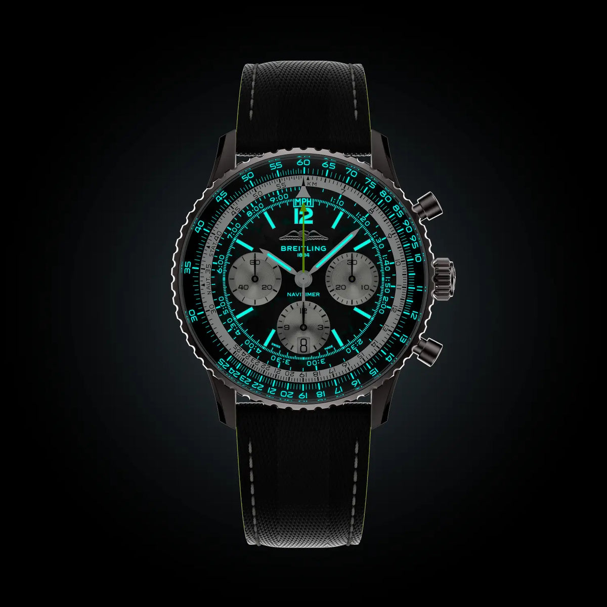 Breitling Navitimer B01 Chronograph 43 Aston Martin Aramco Formula ONE™ team EB01381A1B1X1 – luminous hands and markers in the dark