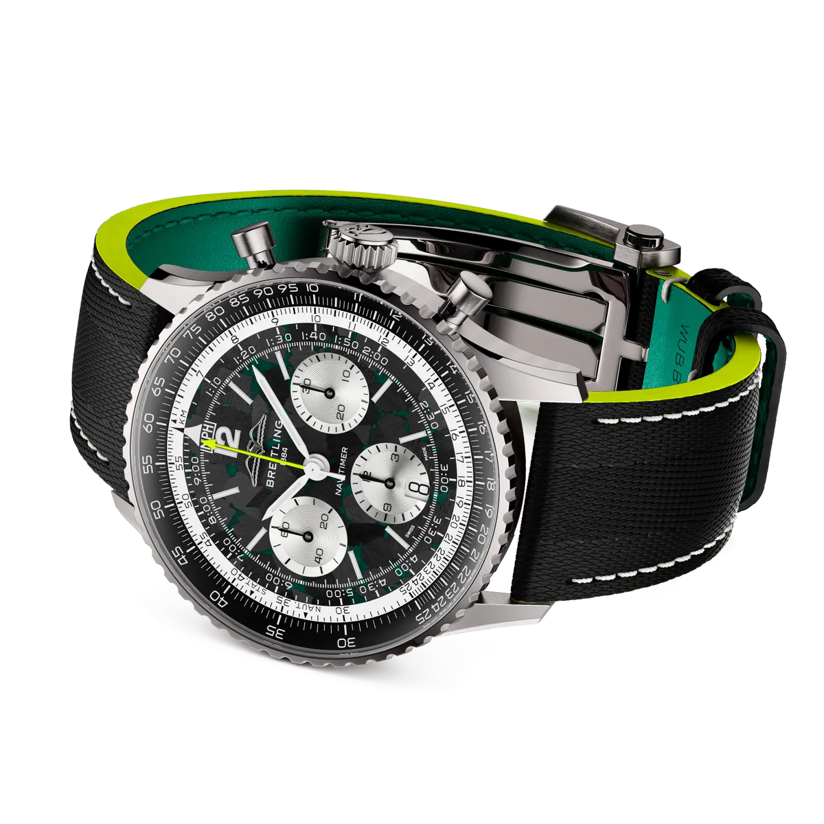 Breitling Navitimer B01 Chronograph 43 Aston Martin Aramco Formula ONE™ team EB01381A1B1X1 – side view with strap