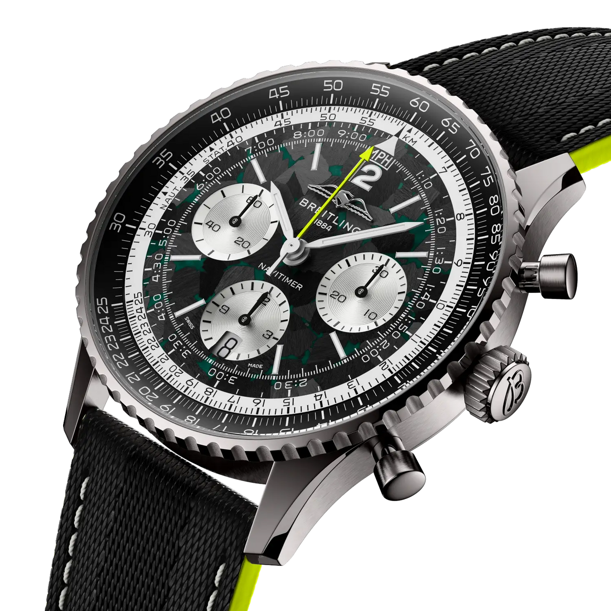 Breitling Navitimer B01 Chronograph 43 Aston Martin Aramco Formula ONE™ team EB01381A1B1X1 – three-quarter view