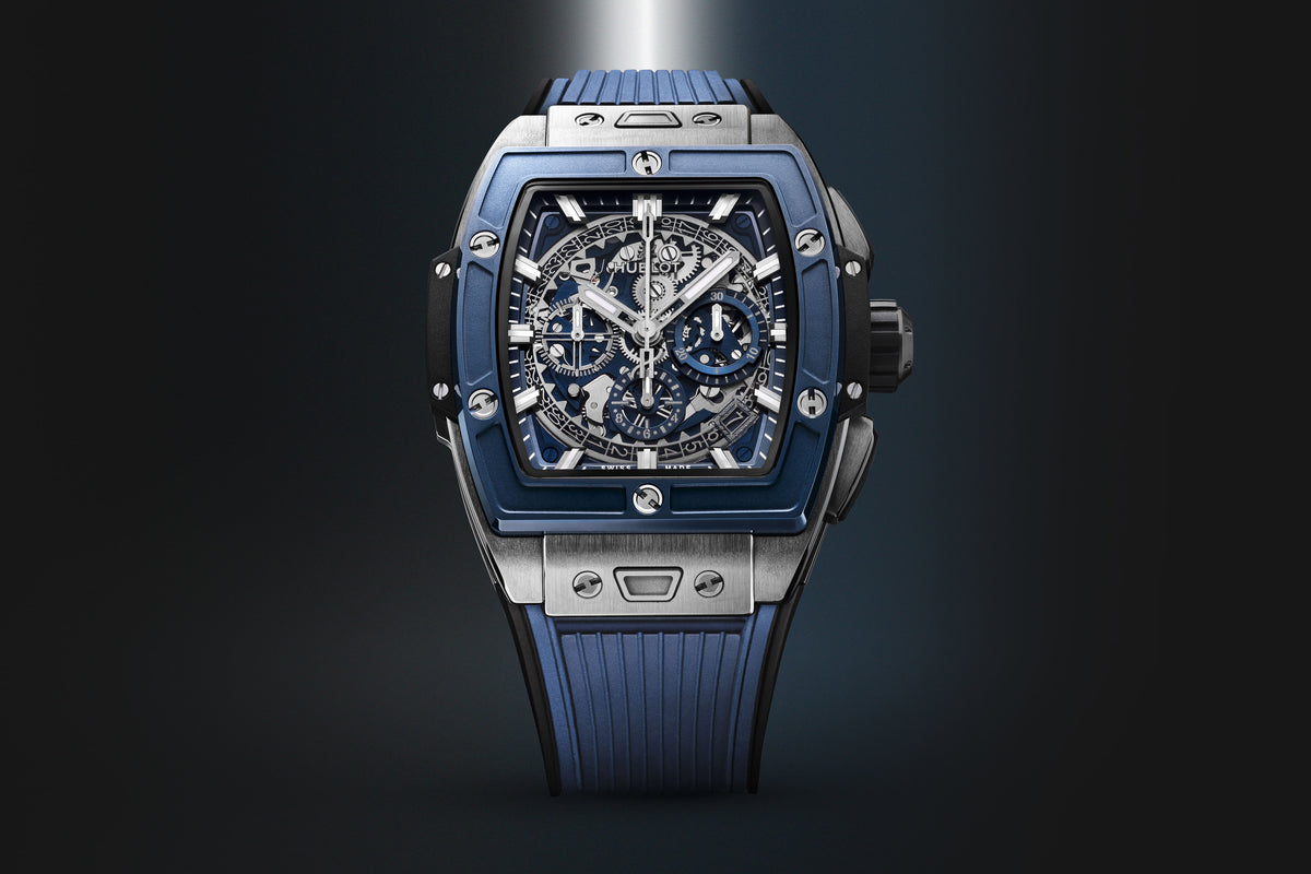 Hublot Spirit of Big Bang Titanium Blue Ceramic 42 mm 642.NL.7170.RX – front view on dark background