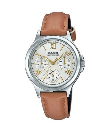 Casio Enticer Women Quartz Silver Dial Multi-Function Leather Watch A1703