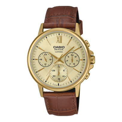 Casio Men Quartz Gold Dial Analog Leather Watch A2543