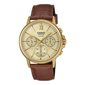Casio Men Quartz Gold Dial Analog Leather Watch A2543