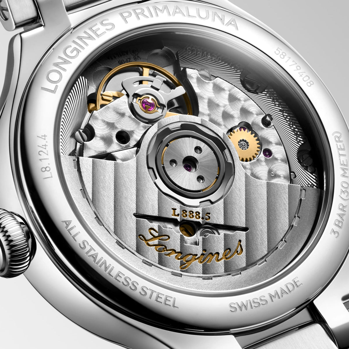 Longines PrimaLuna 34mm L8.124.4.87.6 Watch for Women - case-back close-up