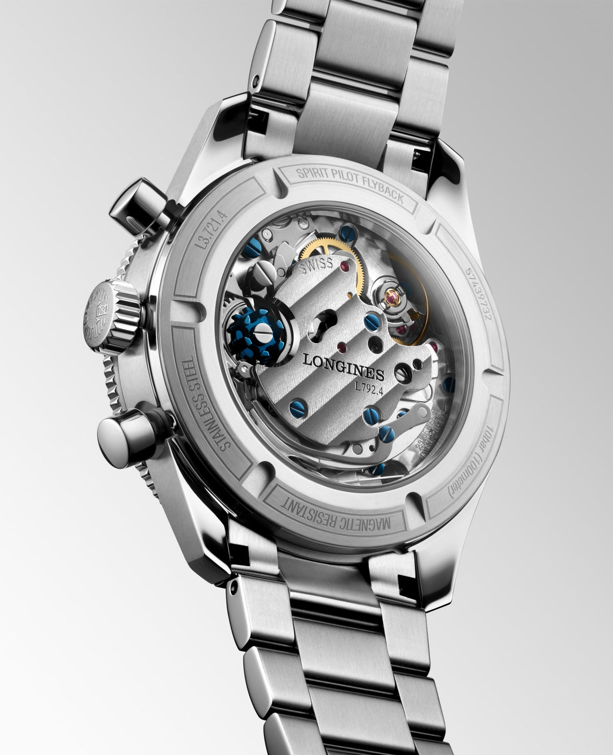 Longines Spirit Pilot Flyback 39.5mm L3.721.4.53.6 Unisex Watch - case-back view