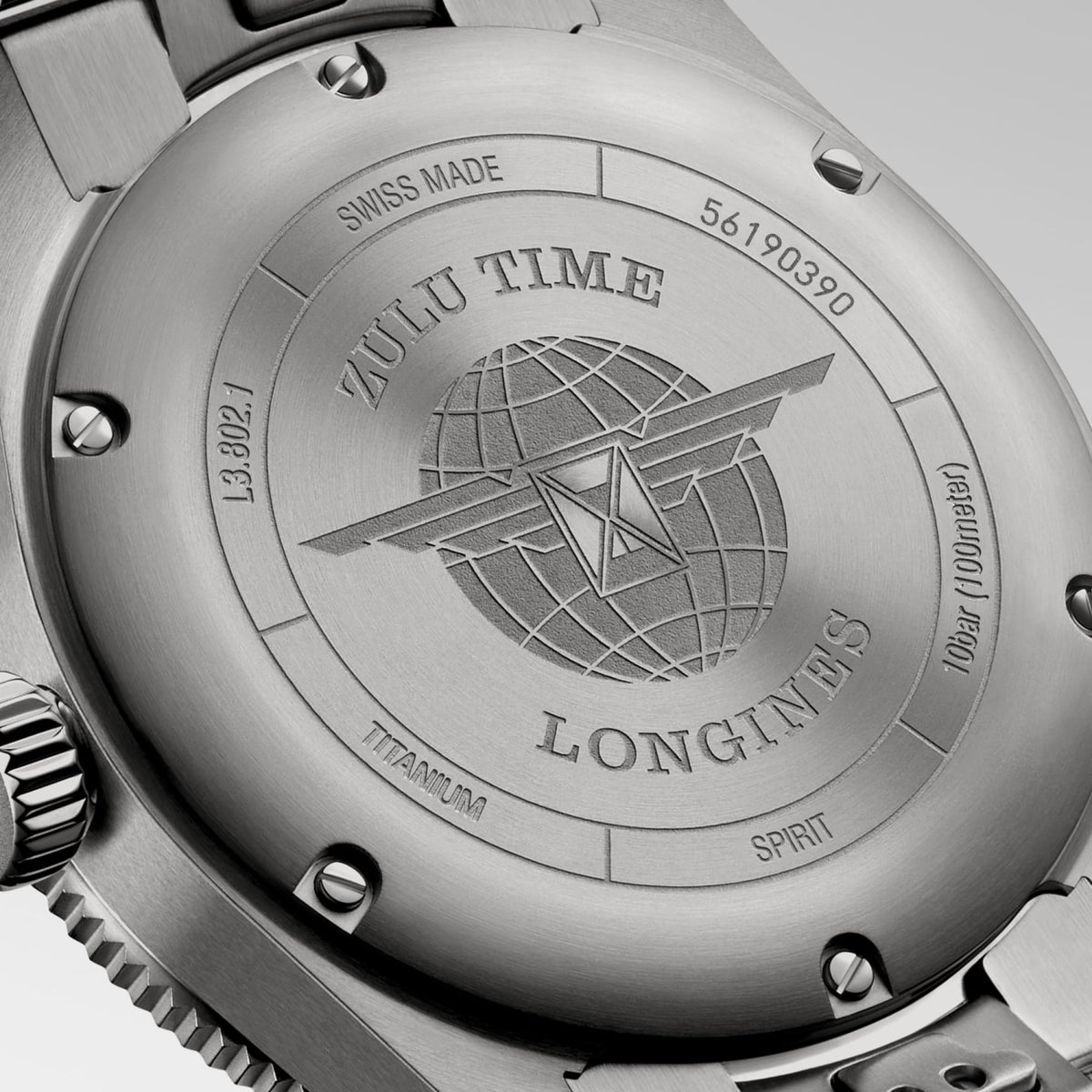 Longines Spirit Zulu Time Titanium 39mm L3.802.1.53.6 Unisex Watch - case-back close-up