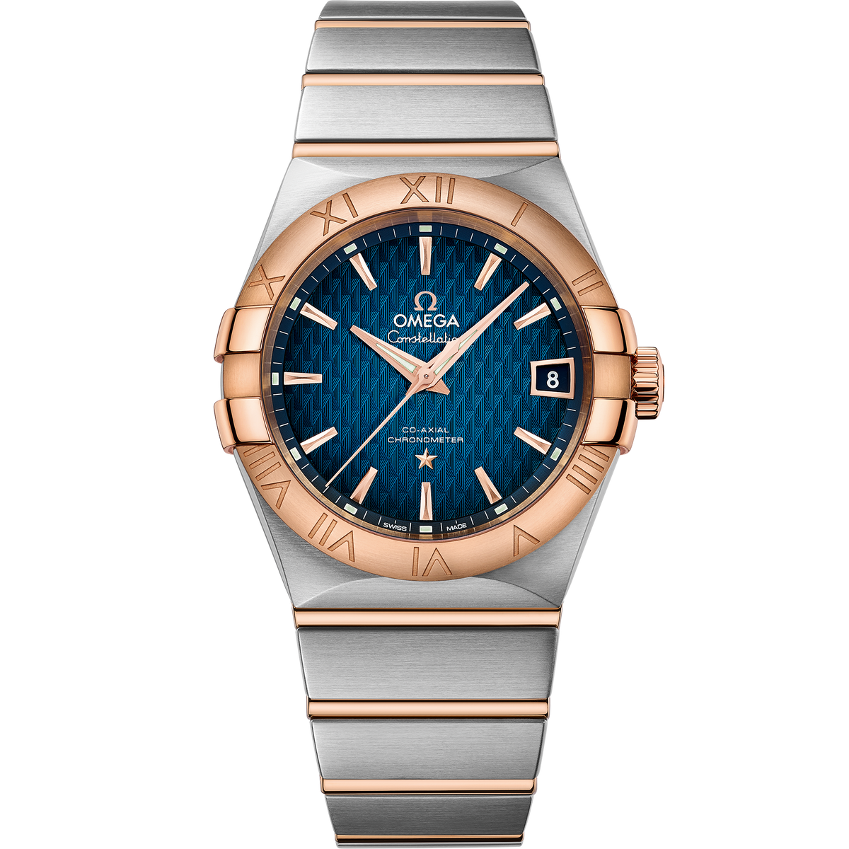OMEGA Constellation 123.20.38.21.03.001, 38 mm steel & red gold with blue dial – front view