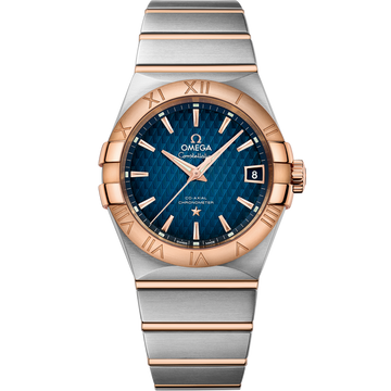 OMEGA Constellation 123.20.38.21.03.001, 38 mm steel & red gold with blue dial – front view