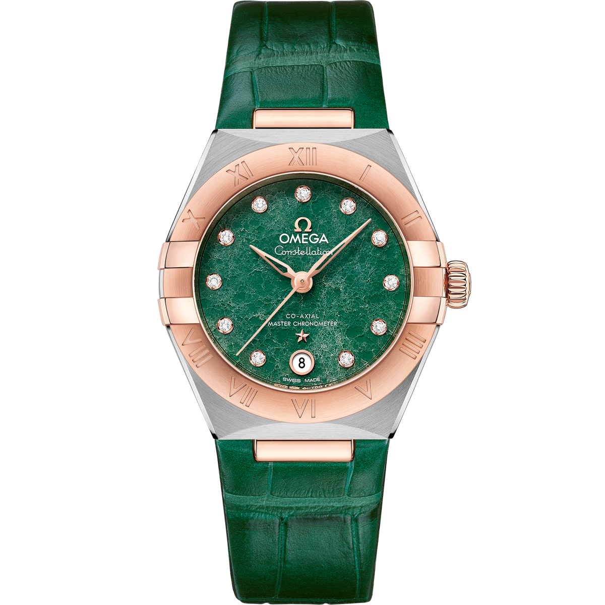 OMEGA Constellation 131.23.29.20.99.001, 29 mm steel & sedna™ gold with green dial – front view