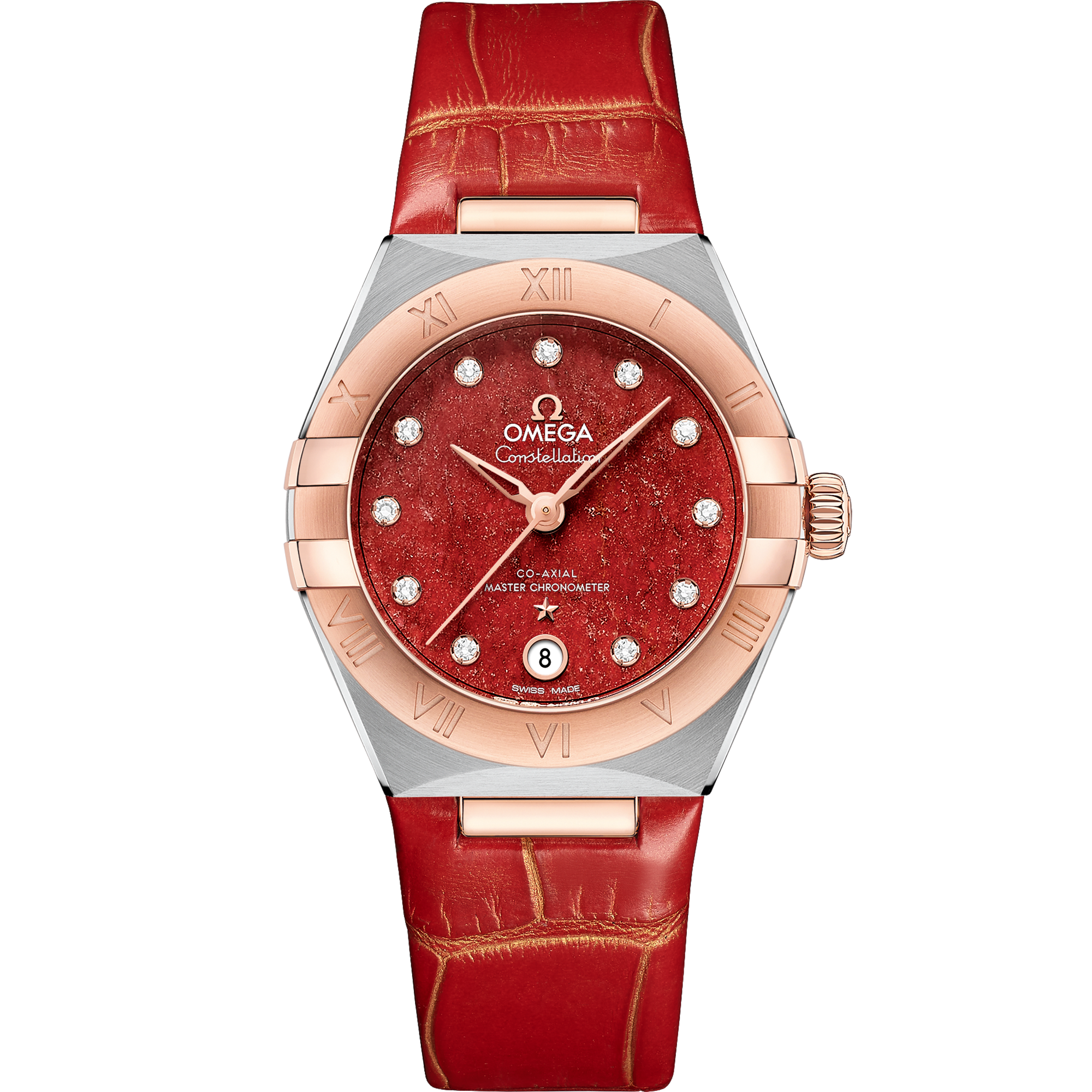 Omega Constellation 131.23.29.20.99.002 29 mm Steel & Sedna™ Gold Red Dial Red Alligator Strap Watch for Women