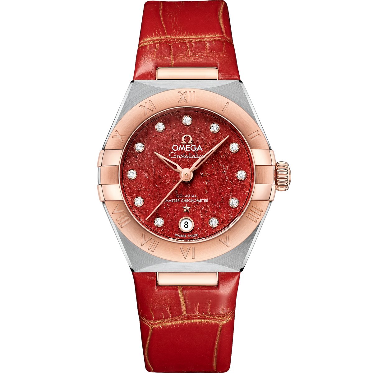 OMEGA Constellation 131.23.29.20.99.002, 29 mm steel & sedna™ gold with red dial – front view