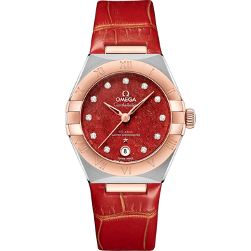 OMEGA Constellation 131.23.29.20.99.002, 29 mm steel & sedna™ gold with red dial – front view