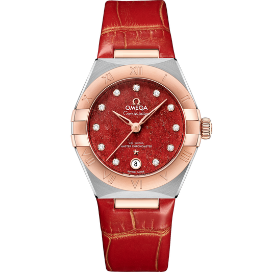 OMEGA Constellation 131.23.29.20.99.002, 29 mm steel & sedna™ gold with red dial – front view