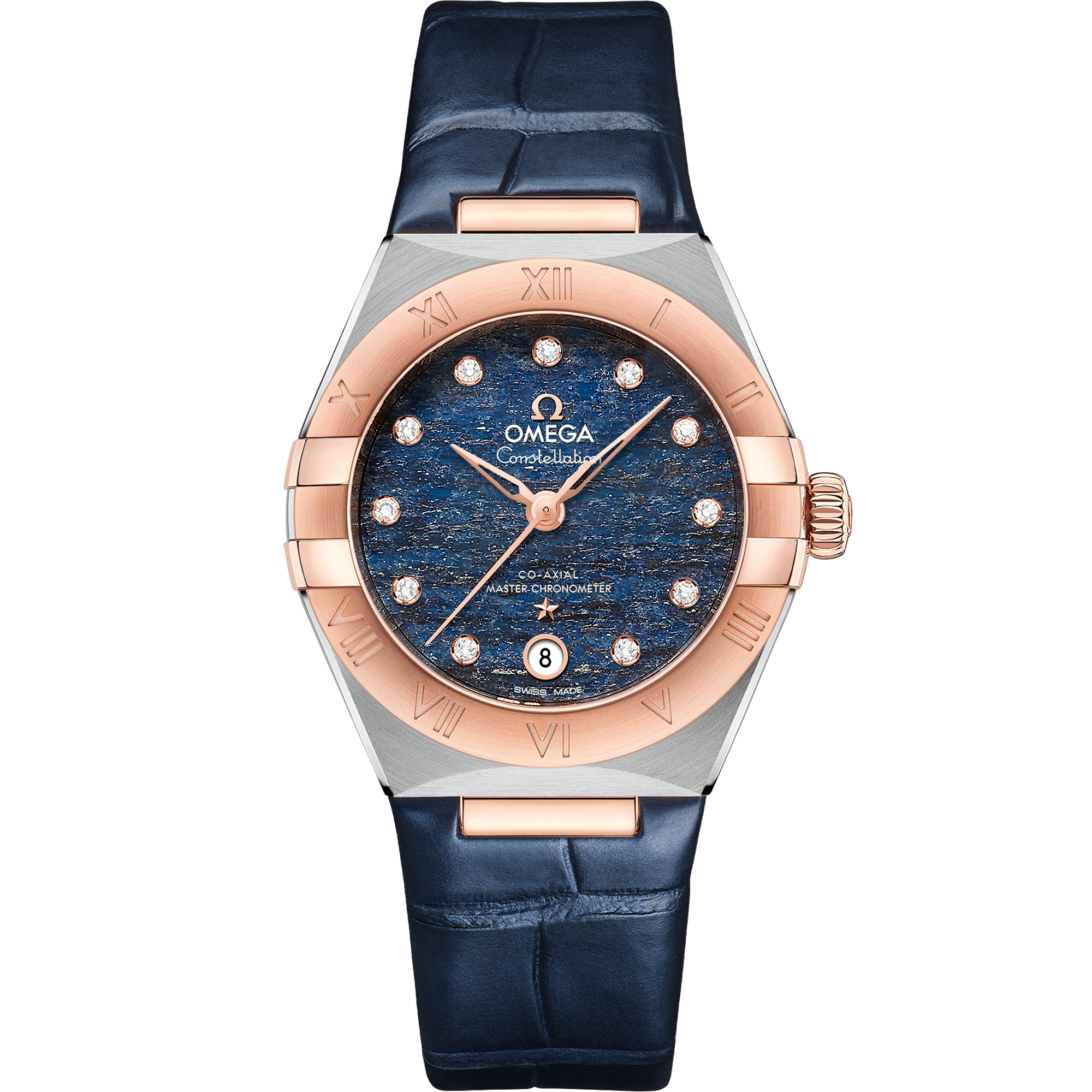 Omega Constellation 131.23.29.20.99.003 29 mm Steel & Sedna™ Gold Blue Dial Blue Alligator Strap Watch for Women