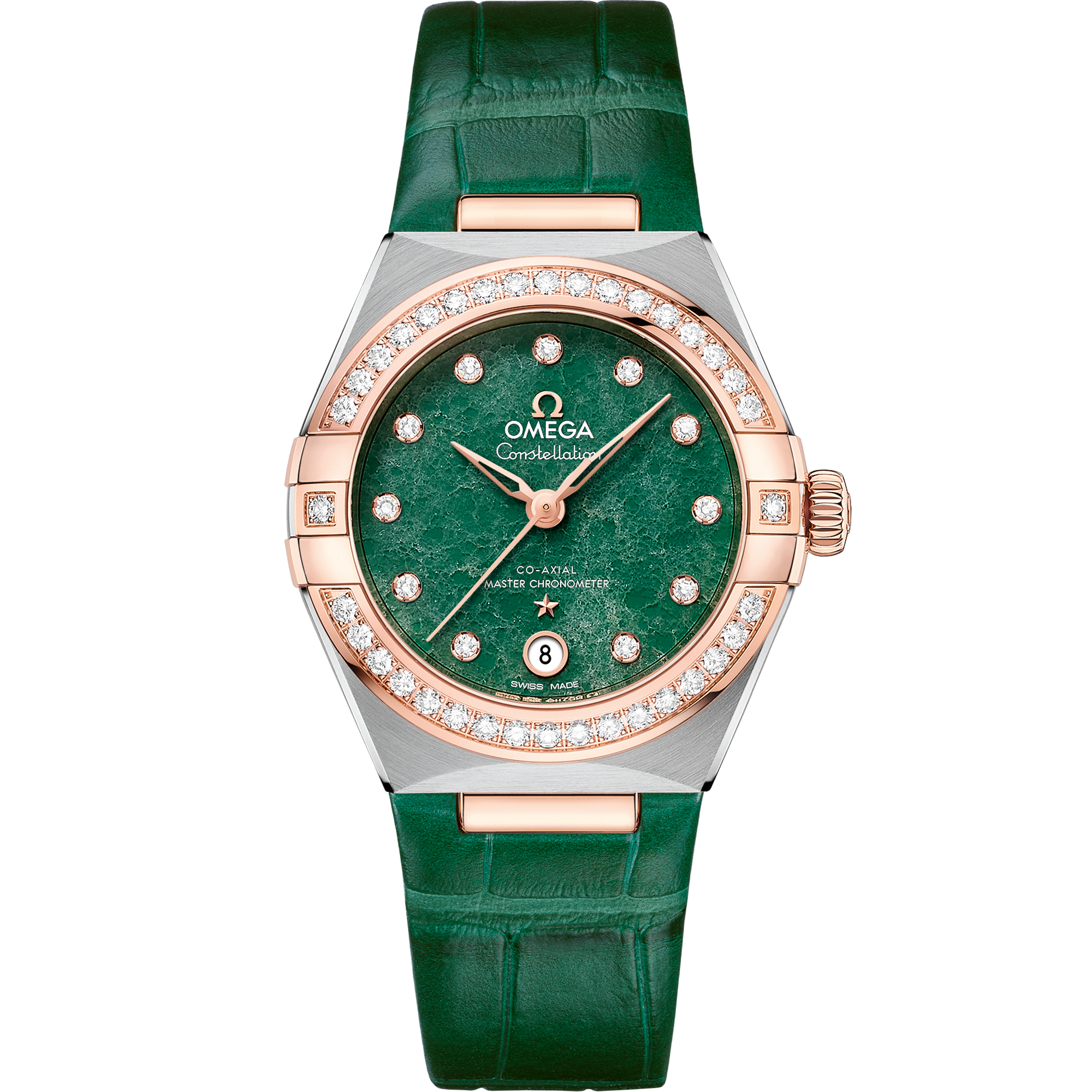 Omega Constellation 131.28.29.20.99.001 29 mm Steel & Sedna™ Gold Green Dial Green Alligator Strap Diamond Watch for Women